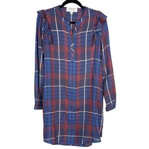 Anthropologie Cloth & Stone S Blue Red Plaid Ruffled Dress Long Sleeve Button